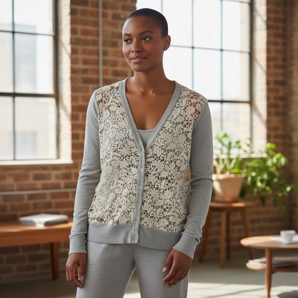 LOFT Gray Lace Front Cardigan‎ Sweater Long Sleeve Button Up Women's Size L